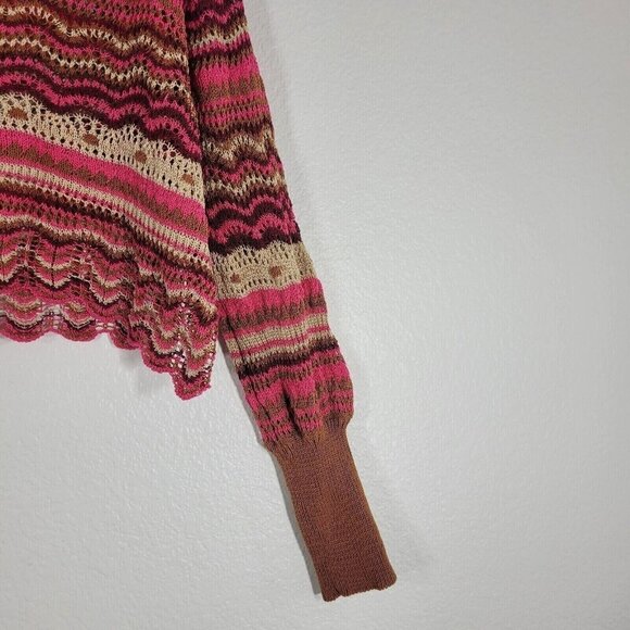 Zara Cropped Knit Sweater Women Size Large Pink Stripes Scallop Hem Boho Hippie - Picture 10 of 11